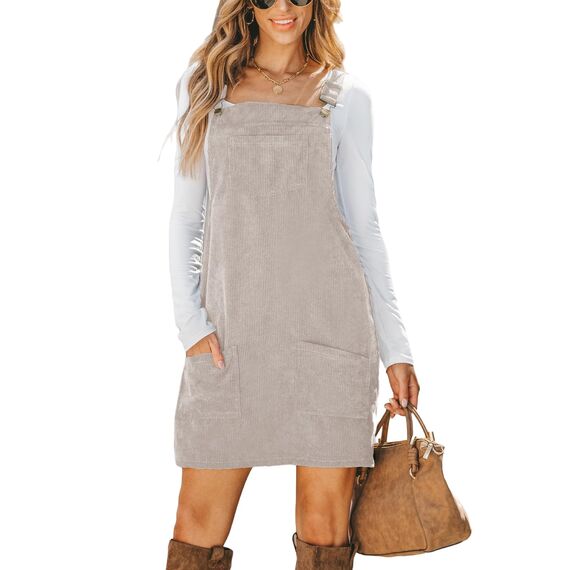 CUPSHE Damen Latzrock Quadratischer Ausschnitt Taschen Cord Latzkleid Overallkleid Freizeitkleider Corduroy Mini Overall Dress Aprikose S