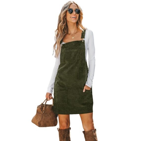 CUPSHE Damen Latzrock Quadratischer Ausschnitt Taschen Cord Latzkleid Overallkleid Freizeitkleider Corduroy Mini Dress Olivgrün S