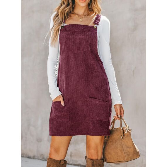 CUPSHE Damen Latzrock Quadratischer Ausschnitt Hosenträger Taschen Cord Latzkleid Overallkleid Freizeitkleider Corduroy Mini Dress Weinrot M