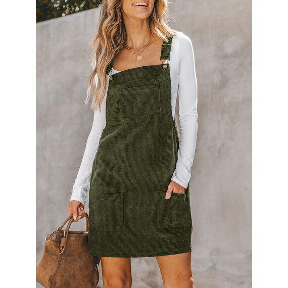 CUPSHE Damen Latzrock Quadratischer Ausschnitt Taschen Cord Latzkleid Overallkleid Freizeitkleider Corduroy Mini Dress Olivgrün M