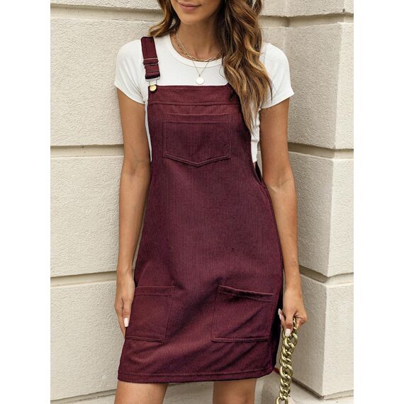 CUPSHE Damen Latzrock Quadratischer Ausschnitt Hosenträger Taschen Cord Latzkleid Overallkleid Freizeitkleider Corduroy Mini Dress Weinrot M