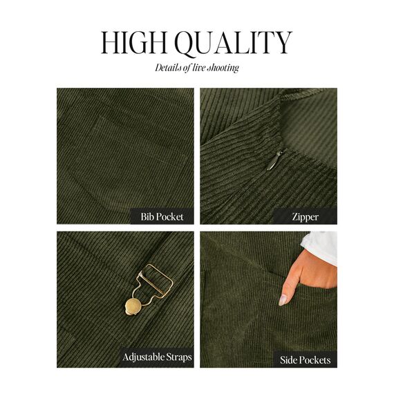 CUPSHE Damen Latzrock Quadratischer Ausschnitt Taschen Cord Latzkleid Overallkleid Freizeitkleider Corduroy Mini Dress Olivgrün S
