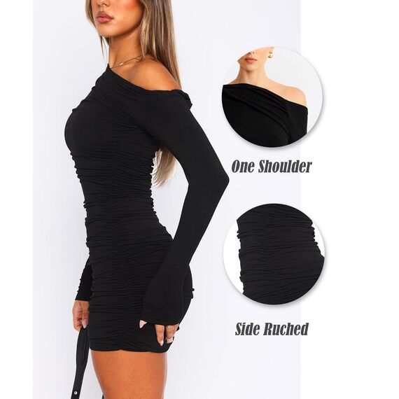 Navneet Damen Off Shoulder Kleider Herbstkleid Elegant Minikleid Sexy Schwarz Langarm Eng Kleid Hochzeit Party Festlich Schwarz M