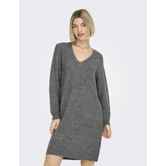 JDY Damen Langarm Strickkleid Regular Fit Midi Pullover Dress V-Ausschnitt Shirt Knielang JDYELANORA, Farben:Dunkelgrau, Größe:L