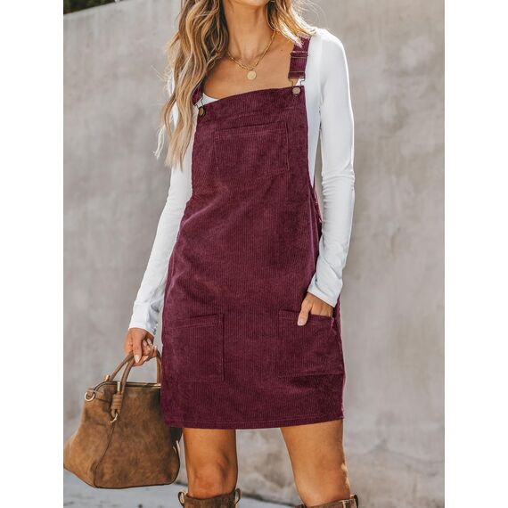 CUPSHE Damen Latzrock Quadratischer Ausschnitt Hosenträger Taschen Cord Latzkleid Overallkleid Freizeitkleider Corduroy Mini Dress Weinrot XXL