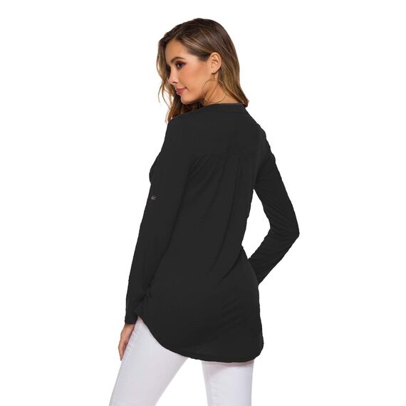 Lalala Büro Kleidung Damen Business Bluse V-Ausschnitt Knopfleiste Shirt Locker Tops Frühling (A_schwarz,XL)