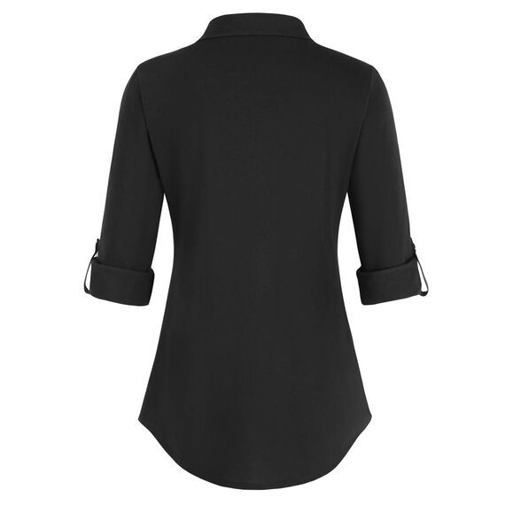 DJT Damen Weiches Gestrick Karierte Bluse Langarm 3/4 Ärmel Roll Up Ärmel Hemdbluse Button-down Solid Schwarz S