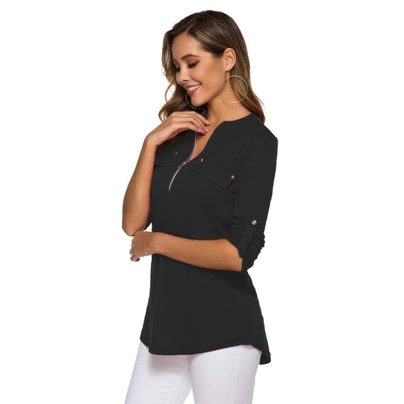 Lalala Büro Kleidung Damen Business Bluse V-Ausschnitt Knopfleiste Shirt Locker Tops Frühling (A_schwarz,XL)