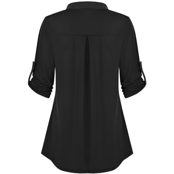 Lalala Büro Kleidung Damen Business Bluse V-Ausschnitt Knopfleiste Shirt Locker Tops Frühling (A_schwarz,XL)