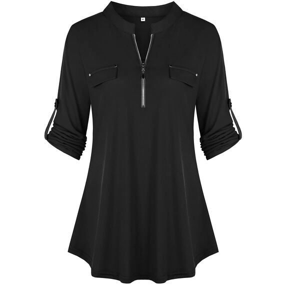 Lalala Büro Kleidung Damen Business Bluse V-Ausschnitt Knopfleiste Shirt Locker Tops Frühling (A_schwarz,XL)