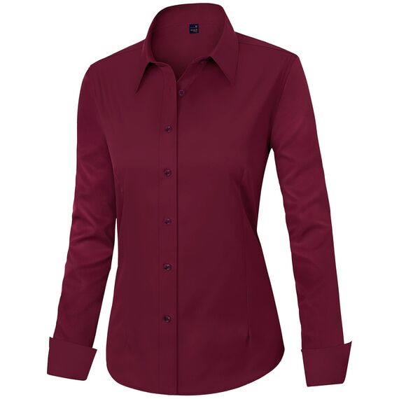 J.VER Hemd Damen Leichte Klassische Bluse Comfort Fit Baumwolle Stretch Blouse Langarm für Party Social Club Frauen,Burgunderrot,2XL