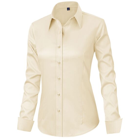 J.VER Hemd Damen Leichte Klassische Bluse Comfort Fit Baumwolle Stretch Blouse Langarm für Party Social Club Frauen,Beige,XL