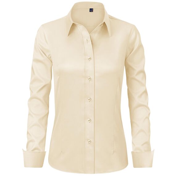J.VER Hemd Damen Leichte Klassische Bluse Comfort Fit Baumwolle Stretch Blouse Langarm für Party Social Club Frauen,Beige,L