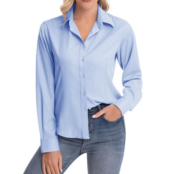 J.VER Hemd Damen Leichte Klassische Bluse Comfort Fit Baumwolle Stretch Blouse Langarm für Party Social Club Frauen,Himmelblau,L