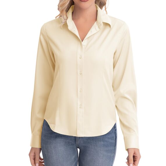 J.VER Hemd Damen Leichte Klassische Bluse Comfort Fit Baumwolle Stretch Blouse Langarm für Party Social Club Frauen,Beige,XL