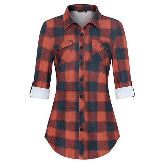 DJT Damen Weiches Gestrick Karierte Bluse Langarm Oberteile Roll Up Ärmel Hemdbluse Shirts Button Down Blusen Top Rot-Marineblau S