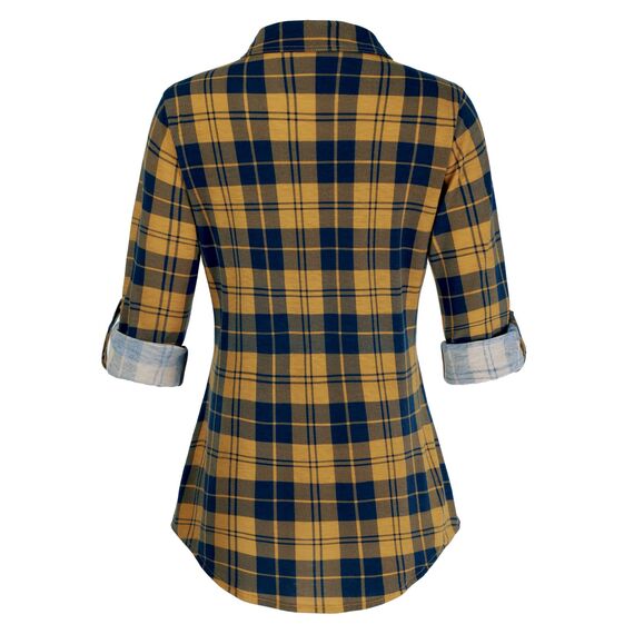 DJT Damen Weiches Gestrick Karierte Bluse Langarm Oberteile Roll Up Ärmel Hemdbluse Shirts Button Down Blusen Top Gelb-Marine S