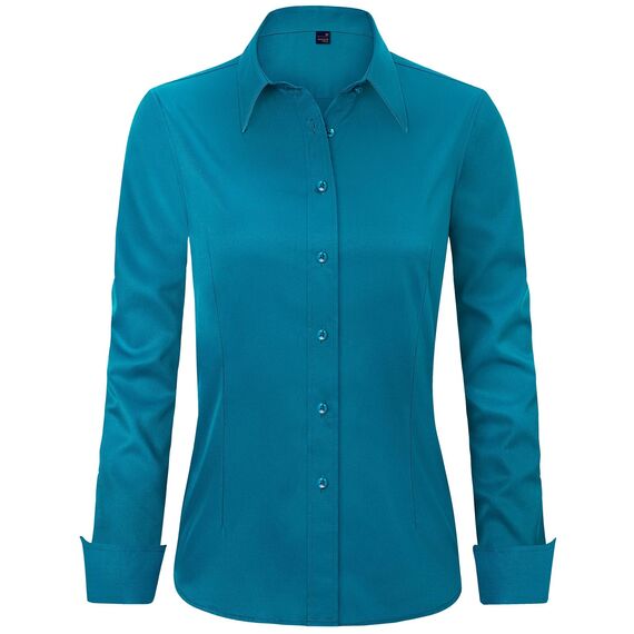 J.VER Bluse Damen Basic Langarm Stretch Hemdbluse Damen Bluse Leicht Tailliert mit Stretch Elegant Formelle Kragen Tops,Türkis,XS