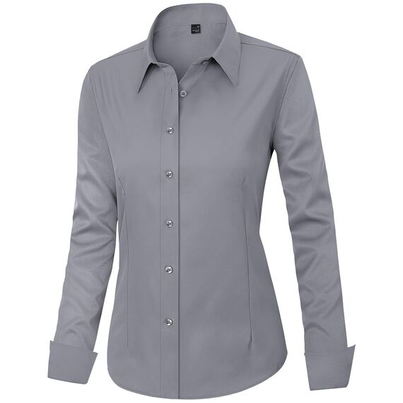 J.VER Bluse Damen Basic Langarm Stretch Hemdbluse Damen Bluse Leicht Tailliert mit Stretch Elegant Formelle Kragen Tops,Grau,XS
