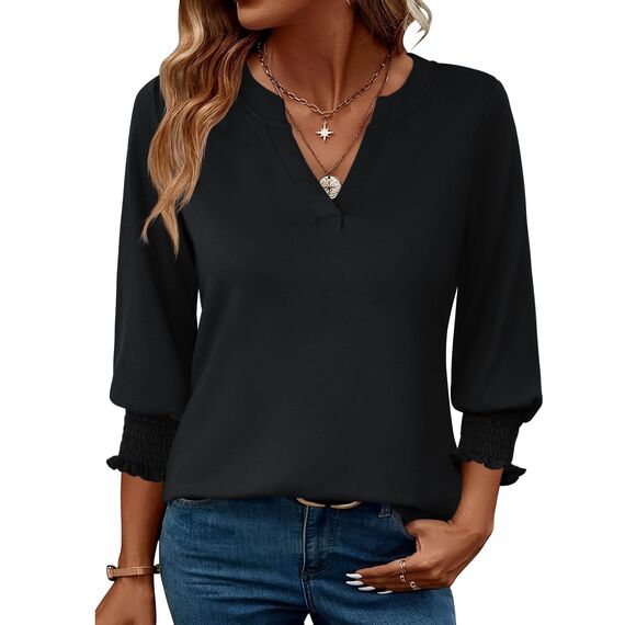 Rapbin Bluse Damen 3/4 arm Langerm V-Ausschnitt Tunika Sommer Tops Locker Shirt Elegant Lässig Oberteil 2026 (L, Schwarz)