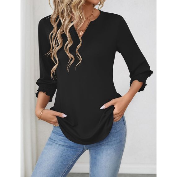 Rapbin Bluse Damen 3/4 arm Langerm V-Ausschnitt Tunika Sommer Tops Locker Shirt Elegant Lässig Oberteil 2026 (L, Schwarz)