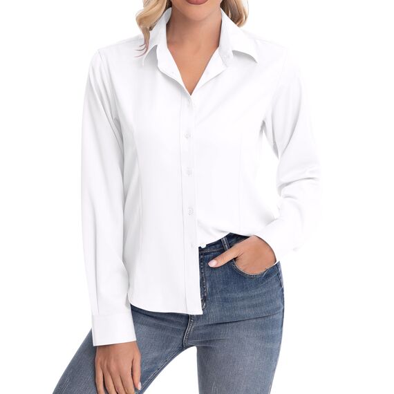 J.VER Bluse Damen Casual Business Blusen Button Down Shirts Klassische Langarm Kragen Tops Bügelleichtes Modern Oberteil,Weiß,L