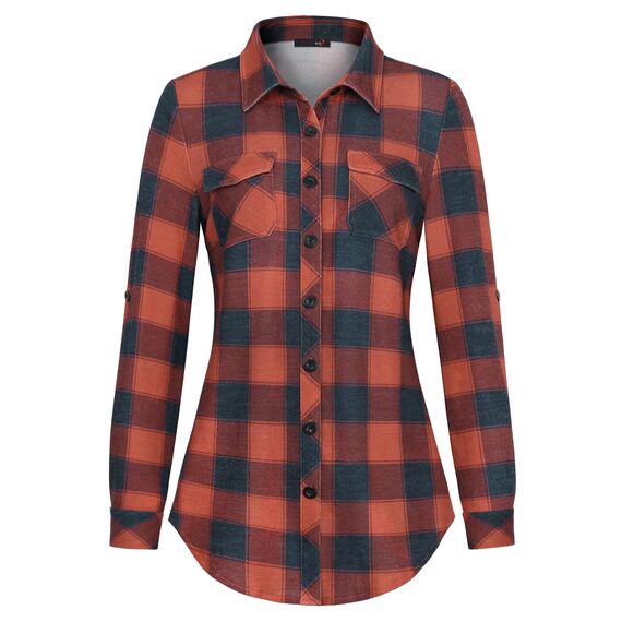 DJT Damen Weiches Gestrick Karierte Bluse Langarm Oberteile Roll Up Ärmel Hemdbluse Shirts Button Down Blusen Top Rot-Marineblau S