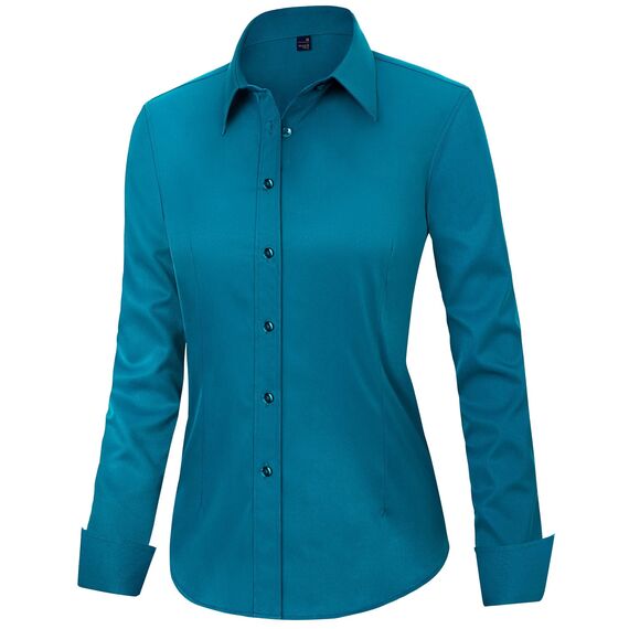 J.VER Bluse Damen Basic Langarm Stretch Hemdbluse Damen Bluse Leicht Tailliert mit Stretch Elegant Formelle Kragen Tops,Türkis,S