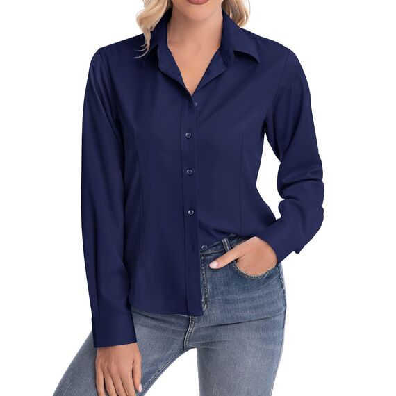 J.VER Blusen Regular Fit Klassische Bügelleicht Hemdbluse Langarm Damen Lässig Stretch für Hochzeitsgäste Service und College,Navy Blau,M