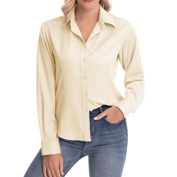 J.VER Hemd Damen Leichte Klassische Bluse Comfort Fit Baumwolle Stretch Blouse Langarm für Party Social Club Frauen,Beige,S