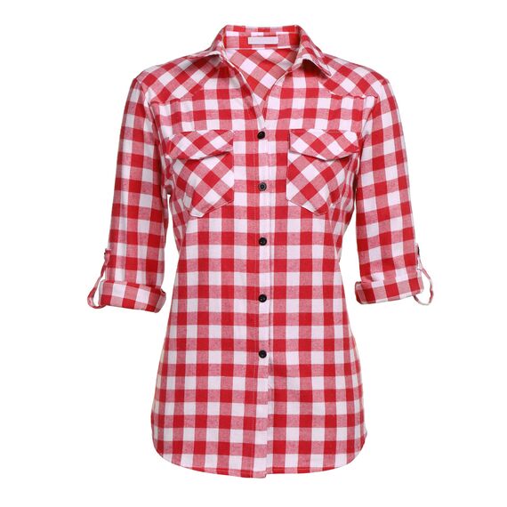 UNibelle Karierte Bluse Damen Trachtenhemd Oktoberfest Karohemd 3/4 Ärmeln V Ausschnitt Trachtenbluse Casual Hemd HolzfäLlerhemd Trachten Oberteile mit Knöpfen Wassermelonenrot-B XXL