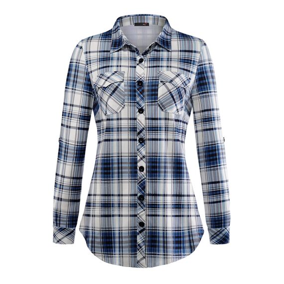 DJT Damen Weiches Gestrick Karierte Bluse Langarm Oberteile Roll Up Ärmel Hemdbluse Tunika Button Down Blusen Top Upgrade Dicker Stoff-Blau S