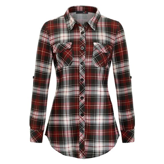 DJT Damen Weiches Gestrick Karierte Bluse Langarm 3/4 Roll Up Ärmel Hemdbluse Button-down Blusen Schönes Rot S