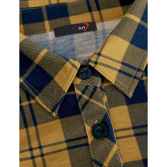 DJT Damen Weiches Gestrick Karierte Bluse Langarm Oberteile Roll Up Ärmel Hemdbluse Shirts Button Down Blusen Top Gelb-Marine S