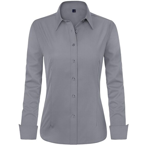 J.VER Bluse Damen Basic Langarm Stretch Hemdbluse Damen Bluse Leicht Tailliert mit Stretch Elegant Formelle Kragen Tops,Grau,XL