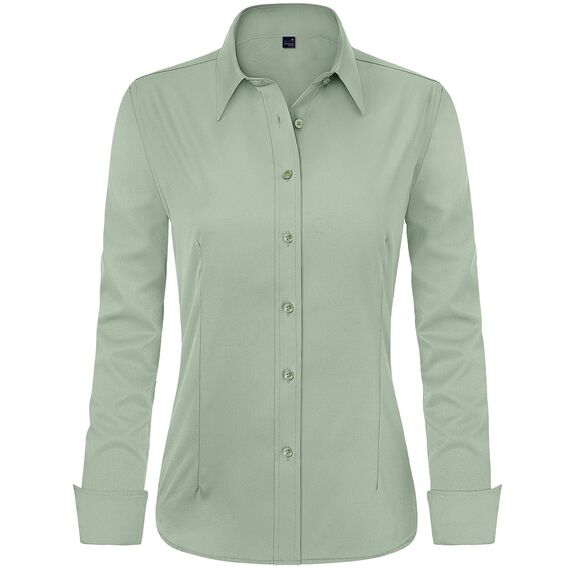 J.VER Bluse Damen Basic Langarm Stretch Hemdbluse Damen Bluse Leicht Tailliert mit Stretch Elegant Formelle Kragen Tops,Grün,L