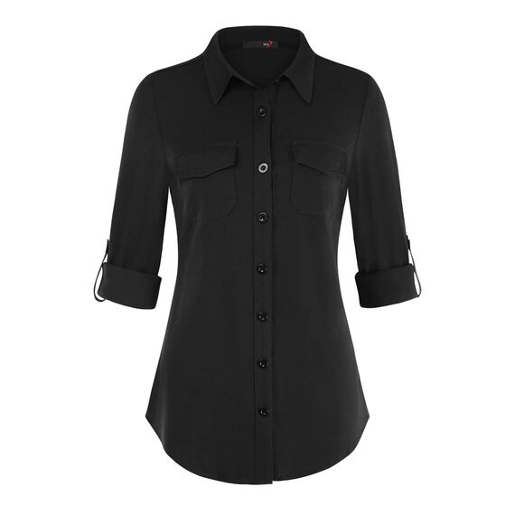 DJT Damen Weiches Gestrick Karierte Bluse Langarm 3/4 Ärmel Roll Up Ärmel Hemdbluse Button-down Solid Schwarz L