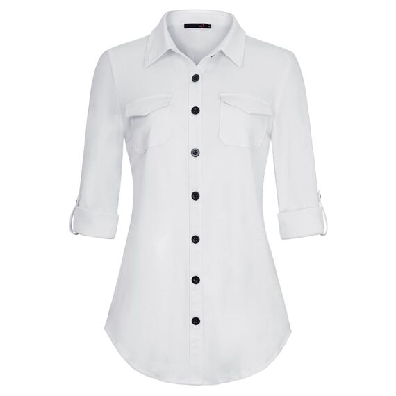 DJT Damen Weiches Gestrick Karierte Bluse Langarm Oberteile Roll Up Ärmel Hemdbluse Shirts Button Down Blusen Top Solides-Weiß M