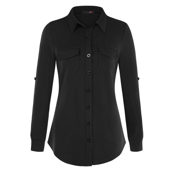 DJT Damen Weiches Gestrick Karierte Bluse Langarm 3/4 Ärmel Roll Up Ärmel Hemdbluse Button-down Solid Schwarz L