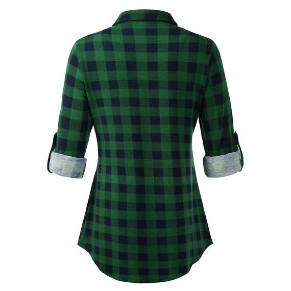 DJT Damen Weiches Gestrick Karierte Bluse Langarm 3/4 Roll Up Ärmel Hemdbluse Button-down Blusen Grün kariert S