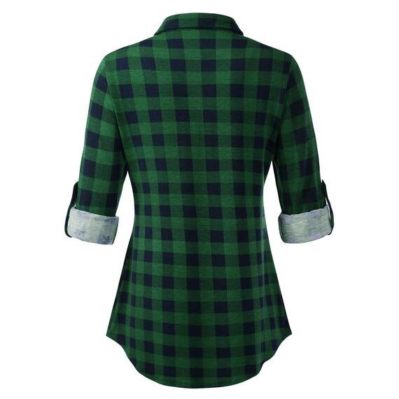 DJT Damen Weiches Gestrick Karierte Bluse Langarm 3/4 Roll Up Ärmel Hemdbluse Button-down Blusen Grün kariert L