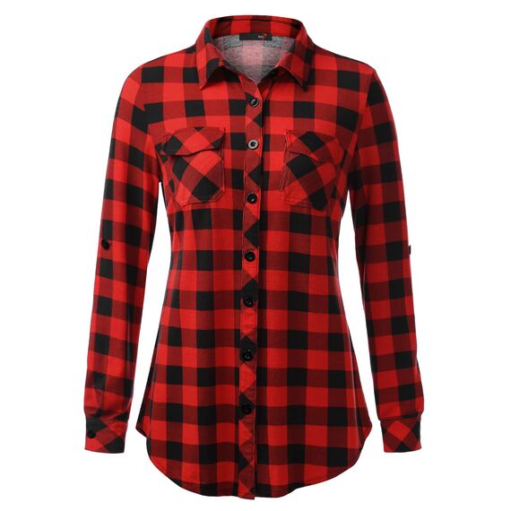 DJT Damen Weiches Gestrick Karierte Bluse Langarm 3/4 Roll Up Ärmel Hemdbluse Button-down Blusen Rot XL