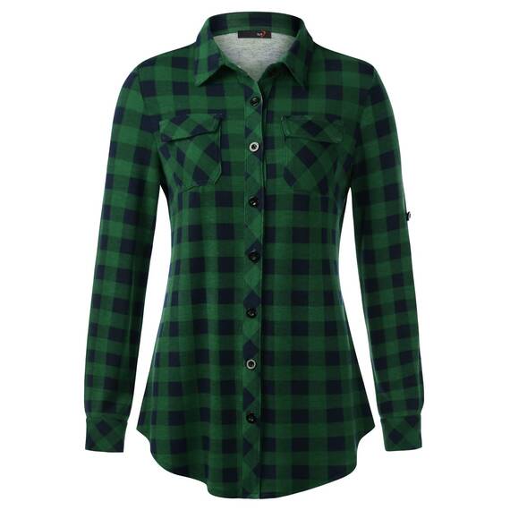 DJT Damen Weiches Gestrick Karierte Bluse Langarm 3/4 Roll Up Ärmel Hemdbluse Button-down Blusen Grün kariert S