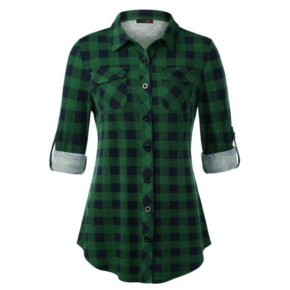 DJT Damen Weiches Gestrick Karierte Bluse Langarm 3/4 Roll Up Ärmel Hemdbluse Button-down Blusen Grün kariert S