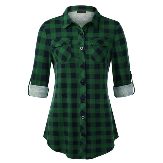 DJT Damen Weiches Gestrick Karierte Bluse Langarm 3/4 Roll Up Ärmel Hemdbluse Button-down Blusen Grün kariert L