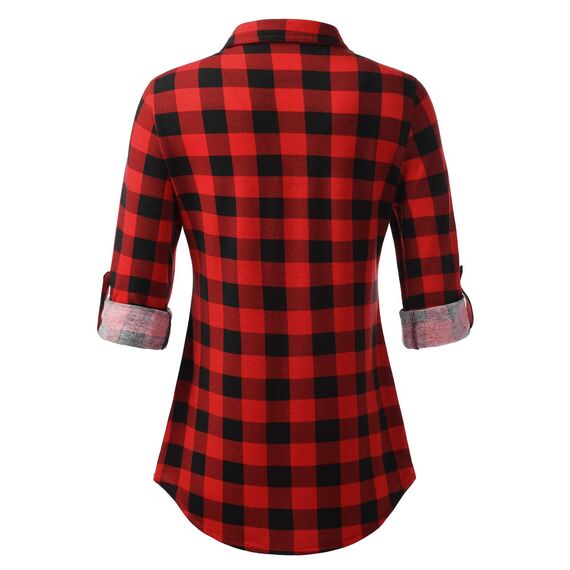 DJT Damen Weiches Gestrick Karierte Bluse Langarm 3/4 Roll Up Ärmel Hemdbluse Button-down Blusen Rot L