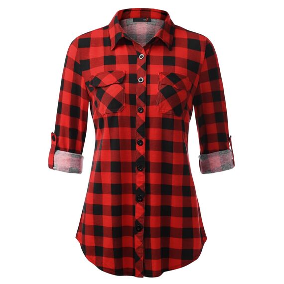 DJT Damen Weiches Gestrick Karierte Bluse Langarm 3/4 Roll Up Ärmel Hemdbluse Button-down Blusen Rot L