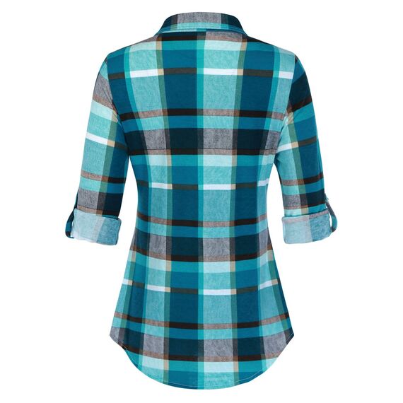 DJT Damen Weiches Gestrick Karierte Bluse Langarm 3/4 Roll Up Ärmel Hemdbluse Button-down Blusen Blau L