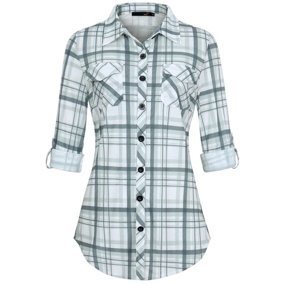 DJT Damen Weiches Gestrick Karierte Bluse Langarm Oberteile Roll Up Ärmel Hemdbluse Shirts Button Down Blusen Top Grau-Grün L