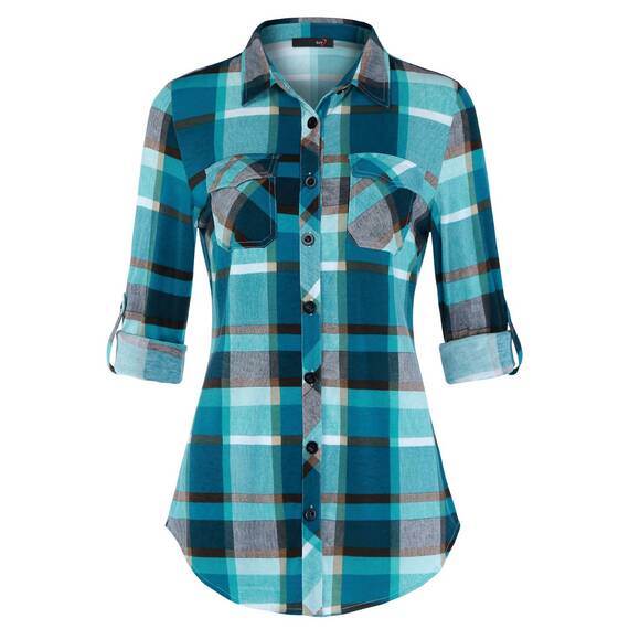 DJT Damen Weiches Gestrick Karierte Bluse Langarm 3/4 Roll Up Ärmel Hemdbluse Button-down Blusen Blau M